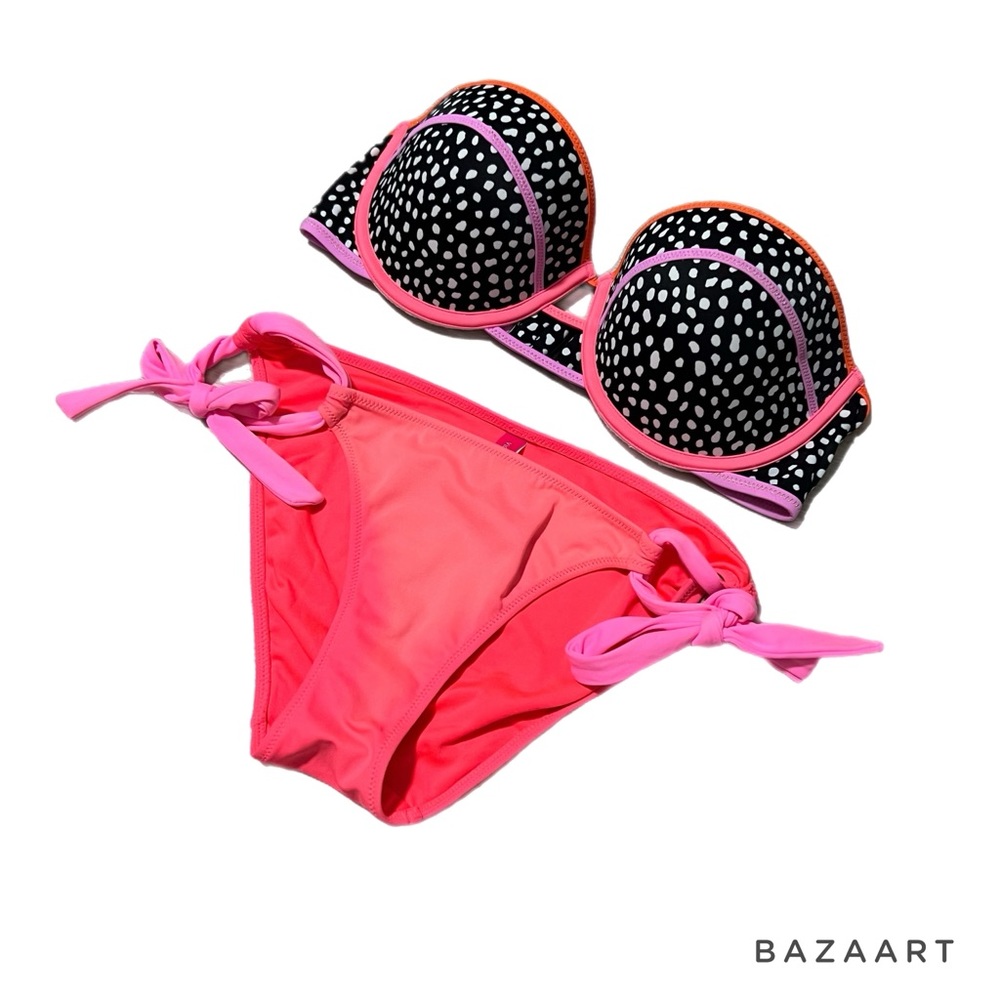 Victoria’s Secret Bikini Swimsuit Set strapless bra top polka dot black‎